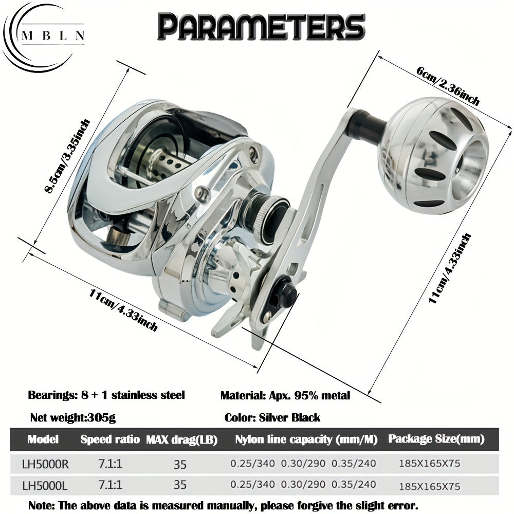 1pc Metal Spinning Reel, Deep Line Cup Design, 8+1BB Stainless Steel Bearings, Durable Brass Gears, 7.1:1 High Speed Ratio, Maximum Brake Force 35LB, with Heavy-Duty Aluminum Handle and Knob, Powerful Drag System, 8-Magnetic
