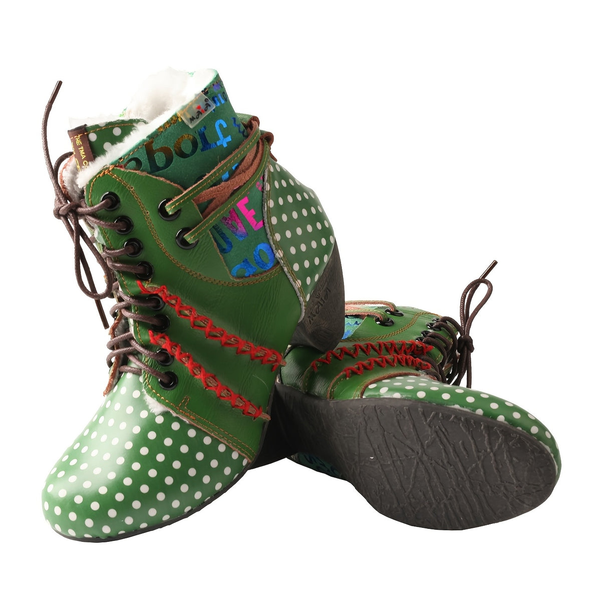 TMA EYES Polka Dot Leather Handmade Stitching Warm And Velvet Women'S Boots