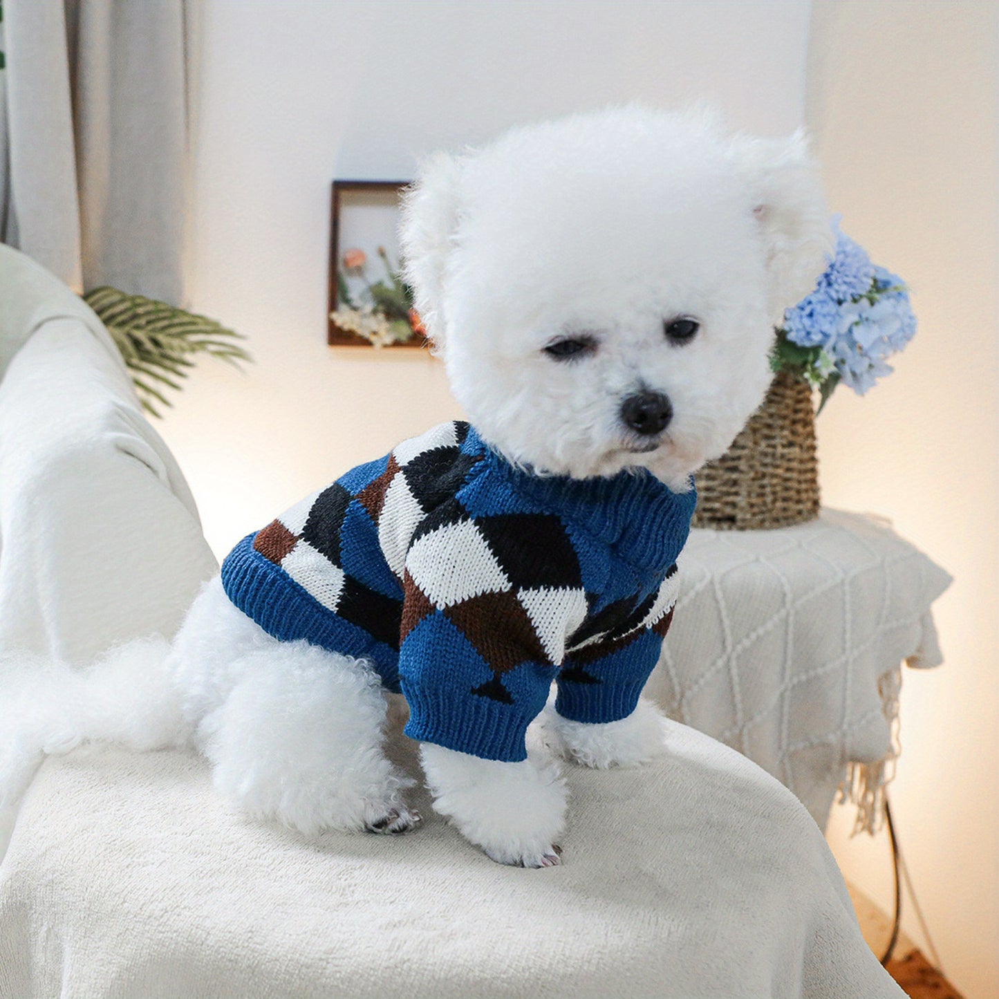 Dog Knitted Sweater Vintage Rhombus Pattern Ribbed Fall Winter Warm Clothes for Small Dog and Cat