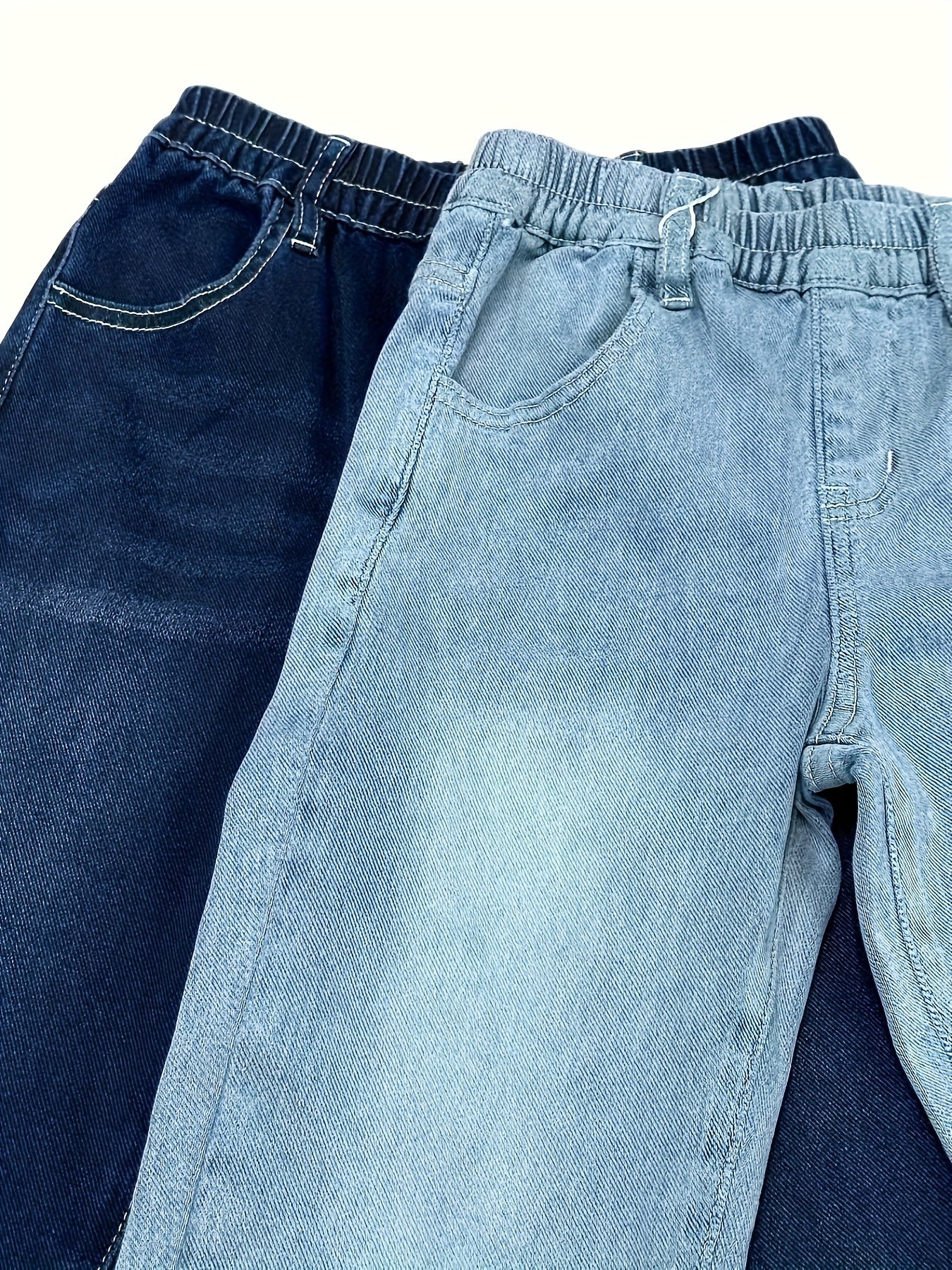 2-Pack Kids Washed Jeans for Boys & Girls Ages 8-12, Elastic Waist Straight Leg, Durable & Breathable, Mid-Rise Regular Fit, All-Season Casual Wear, Solid Color, Long Length, No Belt, Perfect for School & Outdoor Activities,