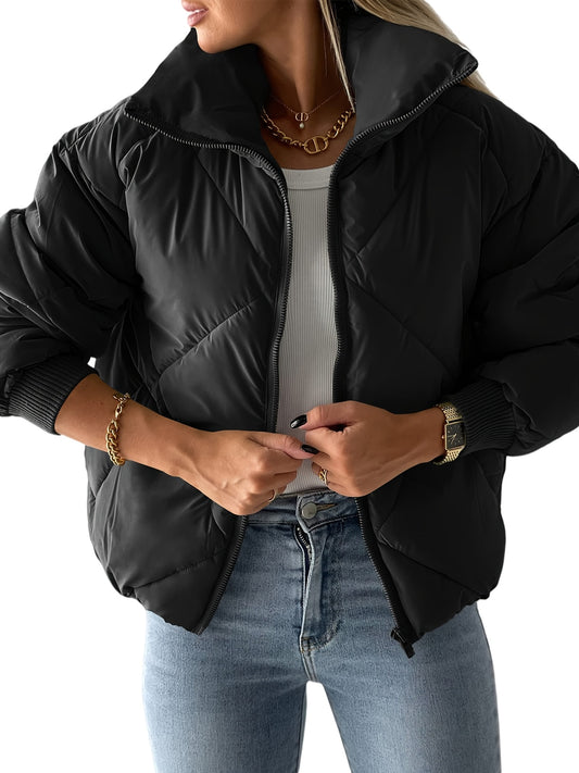 1pc PiePieBuy Women'S Casual Quilted Puffer Jacket - Solid Color Polyester Lapel Collar Lightweight Zip Up Winter Warm Coat Outerwear
