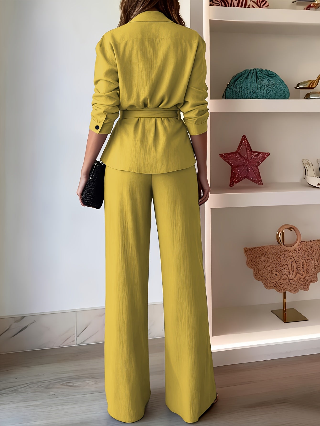 [Two-Piece Set] Casual Two-Piece Set Featuring a Collared Long-Sleeve Shirt with Buttons And Wide-Leg Solid Color Pants