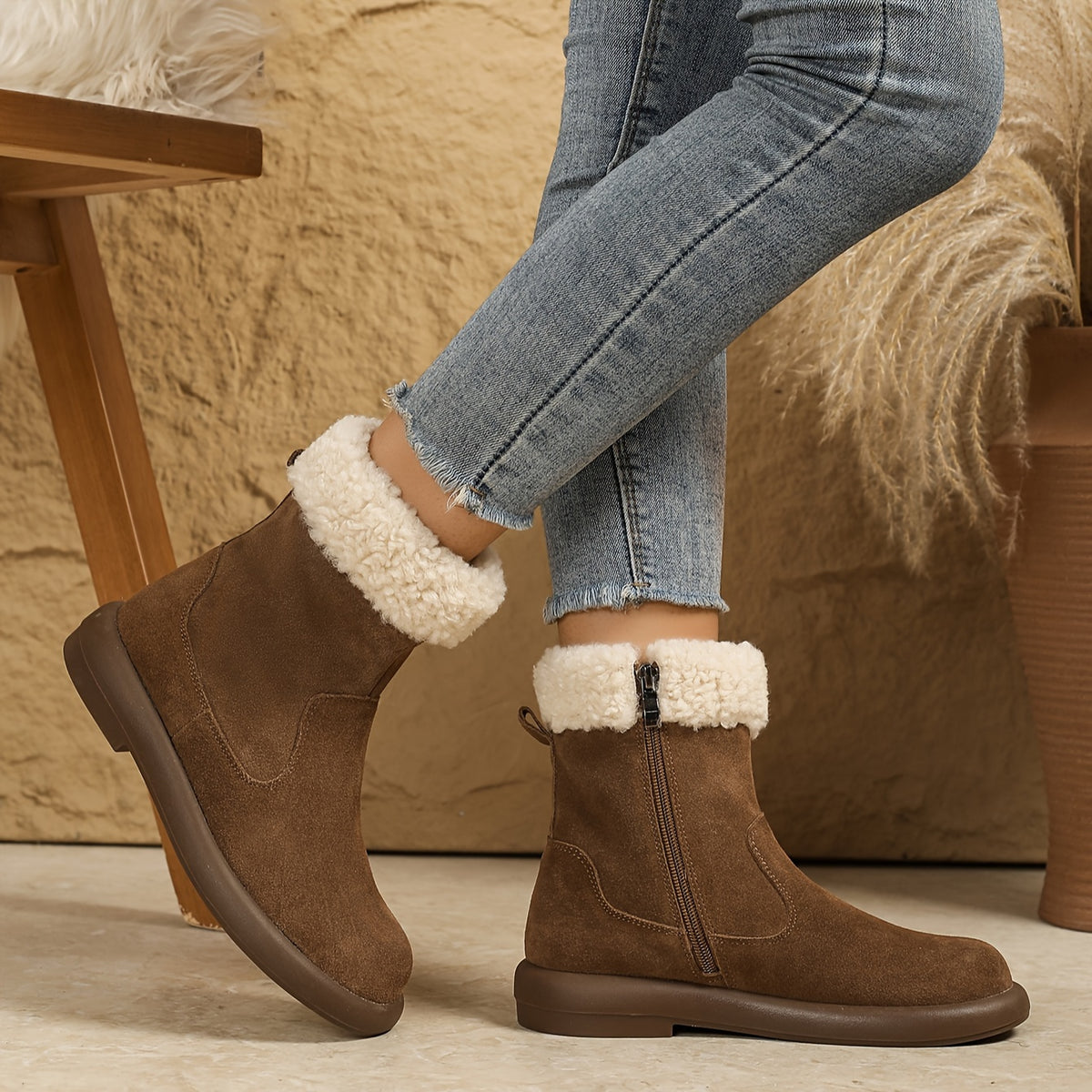 Women's Cover Winter Snow Boots with & -Like Warmth - Thickened Short Ankle Boots, Zipper Closure, Round Toe & Platform Sole - Brown Cowhide for Ice, Snow, and Cold Weather (Hand Washable)
