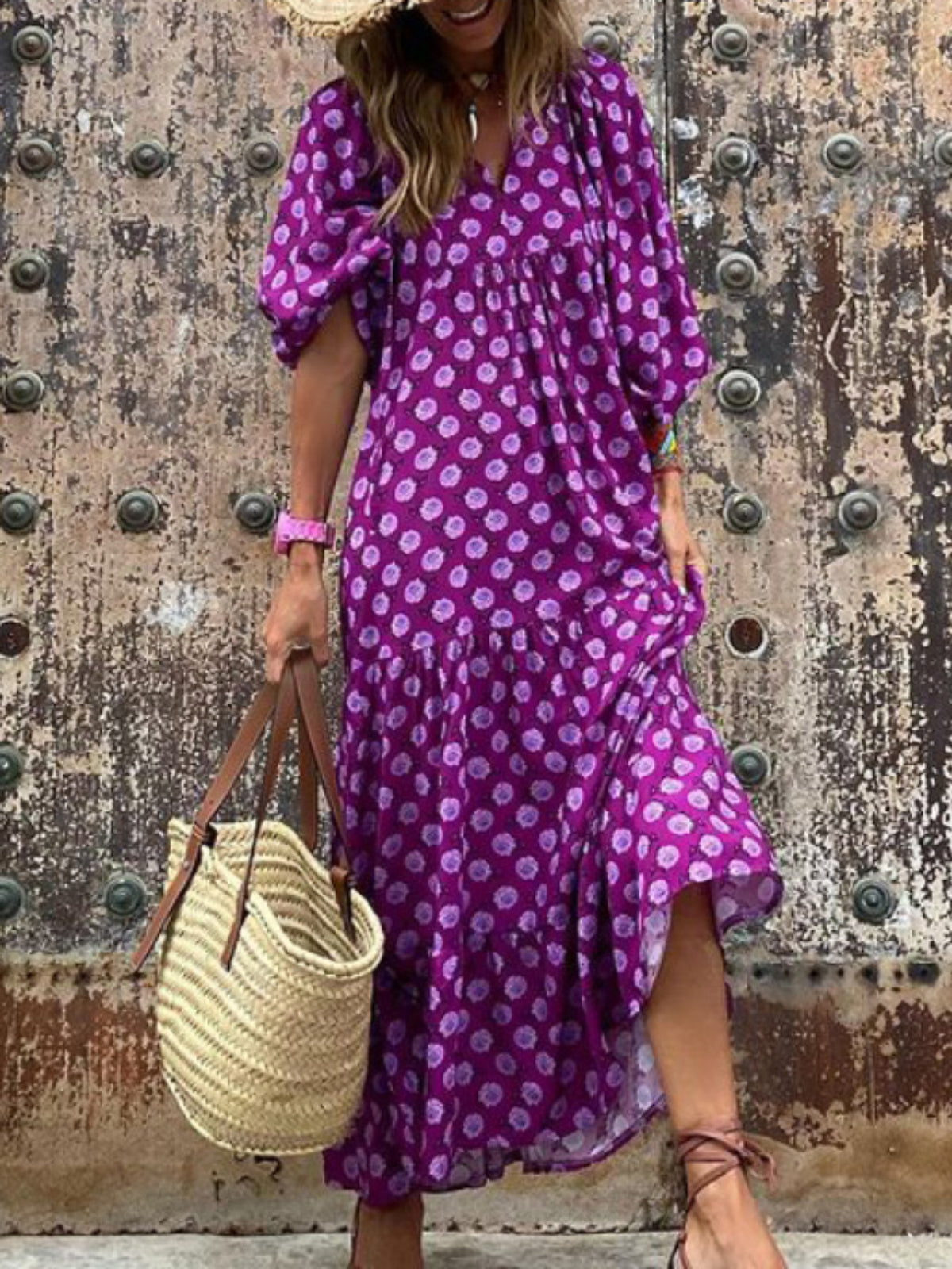 Autumn Geometric Patchwork Dress - Long Puff Sleeve Maxi Dress, Solid Color Casual Elegant Pencil Dress for Fall Wedding Guest or Casual Attire
