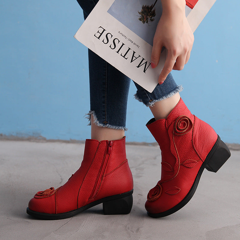 Women'S Genuine Leather Chunky Mid-Heel Ankle Boots with Hand-Stitched Floral Design - Round Toe Zipper Closure, Retro Western Style, Plush & Cushioned Insole, Red/ Colorway, Durable Rubber Sole - Hand Washable Winter Boots f