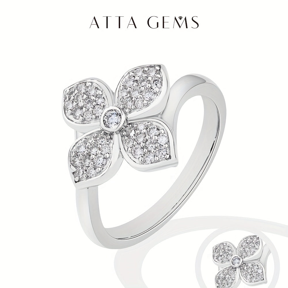 1pc S925 Silver Four - Leaf Flower Ring, Made Of Moissanite, It'S Sparkling, Delicate And Elegant, A Piece Of Jewelry, Perfect As A Gift For Your Girlfriend Or Wife