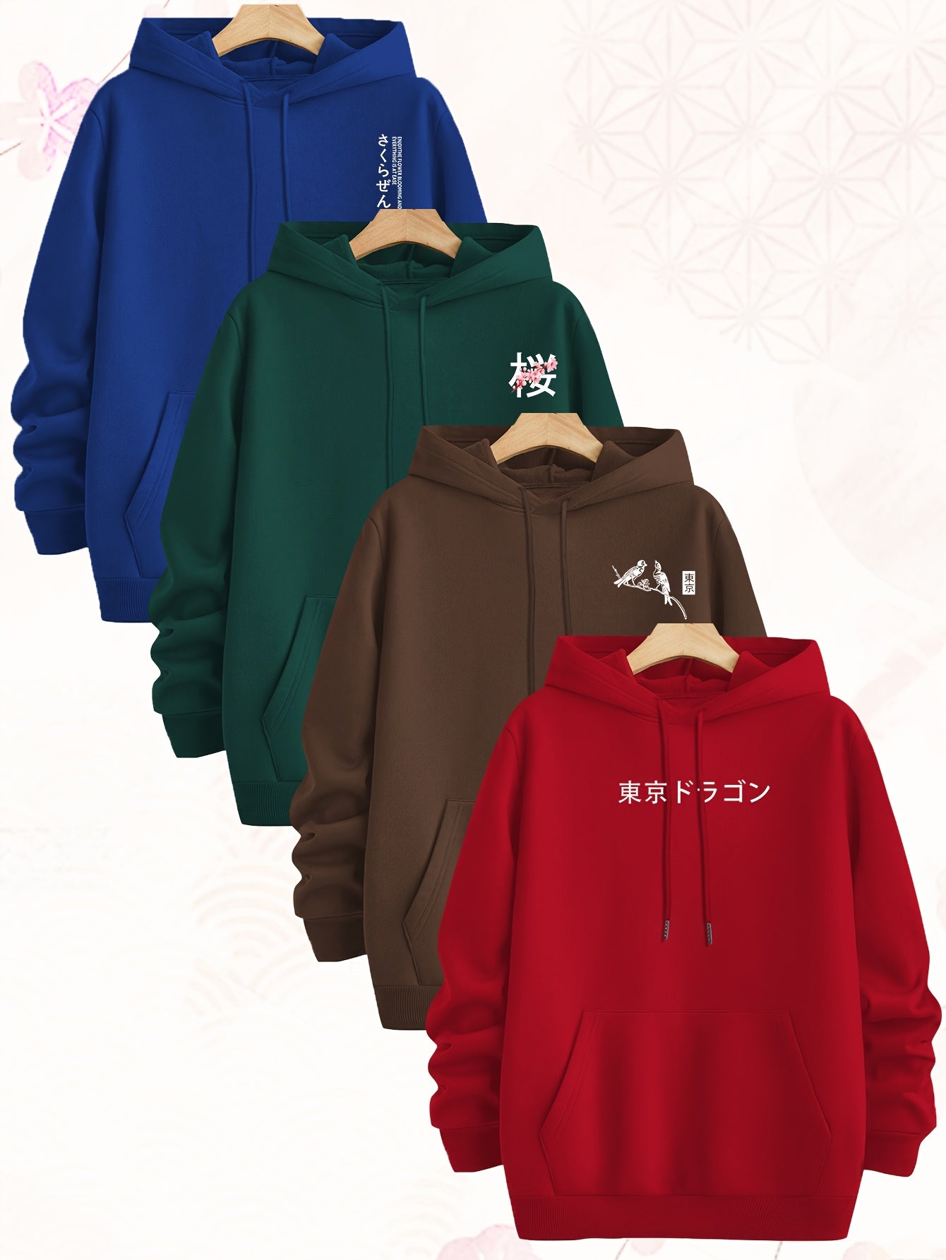 [Set of Four Hoodies] Tokyo Japanese-Style Cherry Blossom Pattern Sweatshirt, Set of Four Men's Hoodies, Made of Polyester Knit Fabric, Casual Style, Regular Fit Hoodies