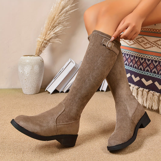 Women'S Elegant Cover-Like Round Toe Knee-High Boots with Buckle Strap & Thick Low Heel - All-Season Slip-Resistant Rubber Sole, Comfortable Round-Toe Design for Casual & Formal Outfits - Plus Size Available (Hand Washable Fa