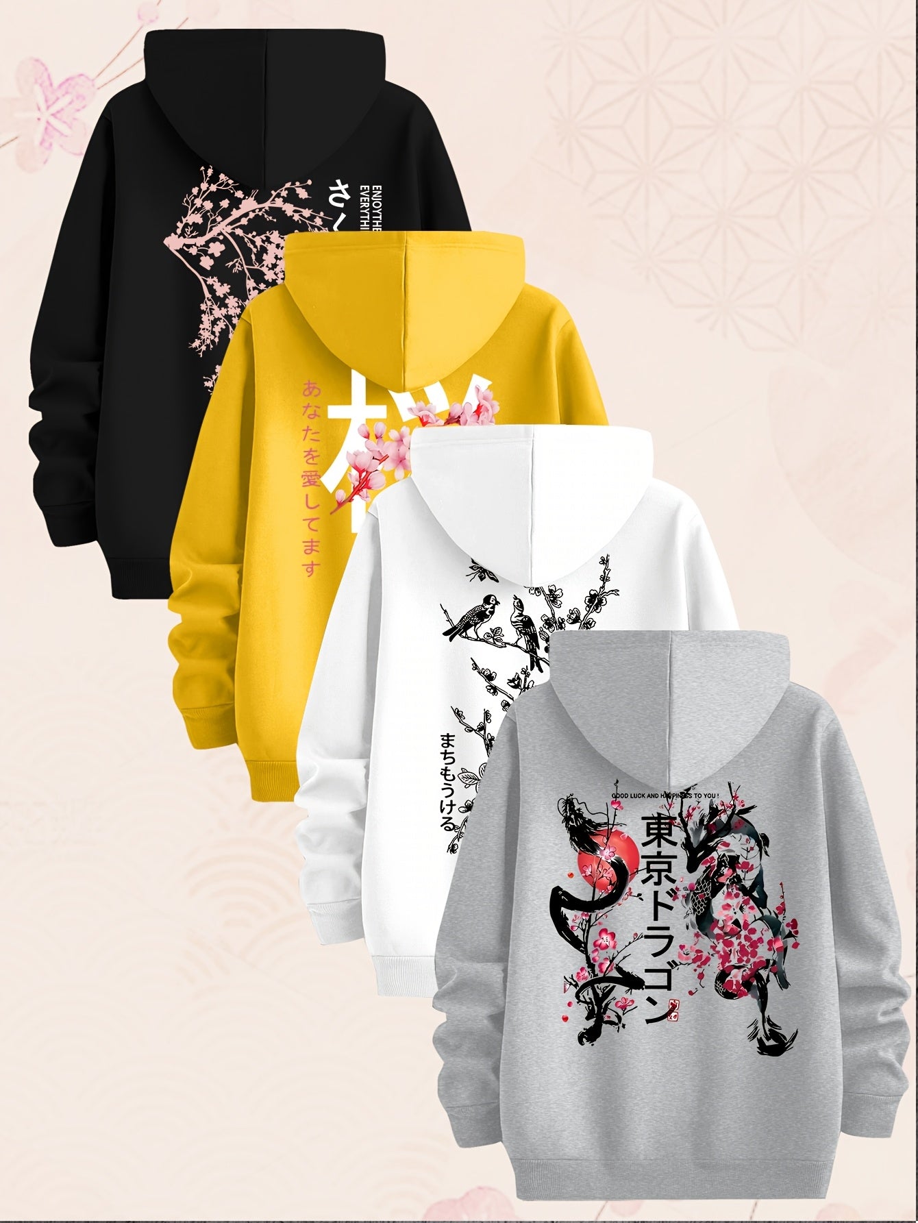 [Set of Four Hoodies] Tokyo Japanese-Style Cherry Blossom Pattern Sweatshirt, Set of Four Men's Hoodies, Made of Polyester Knit Fabric, Casual Style, Regular Fit Hoodies