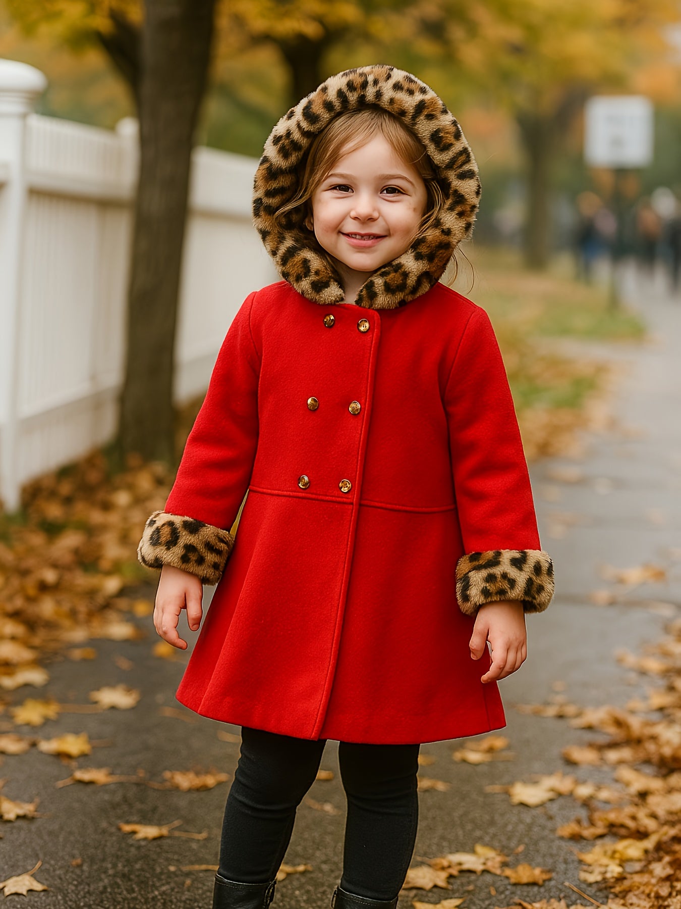 Girls' Winter Fleece Jacket - Cozy Red & Brown Leopard Print Hooded Long Sleeve Trench Coat with Golden Buttons, Warm & Comfortable College Style Outerwear, Perfect for Fall/Winter Fashion, Winter Jacket For Girls, Jackets Fo