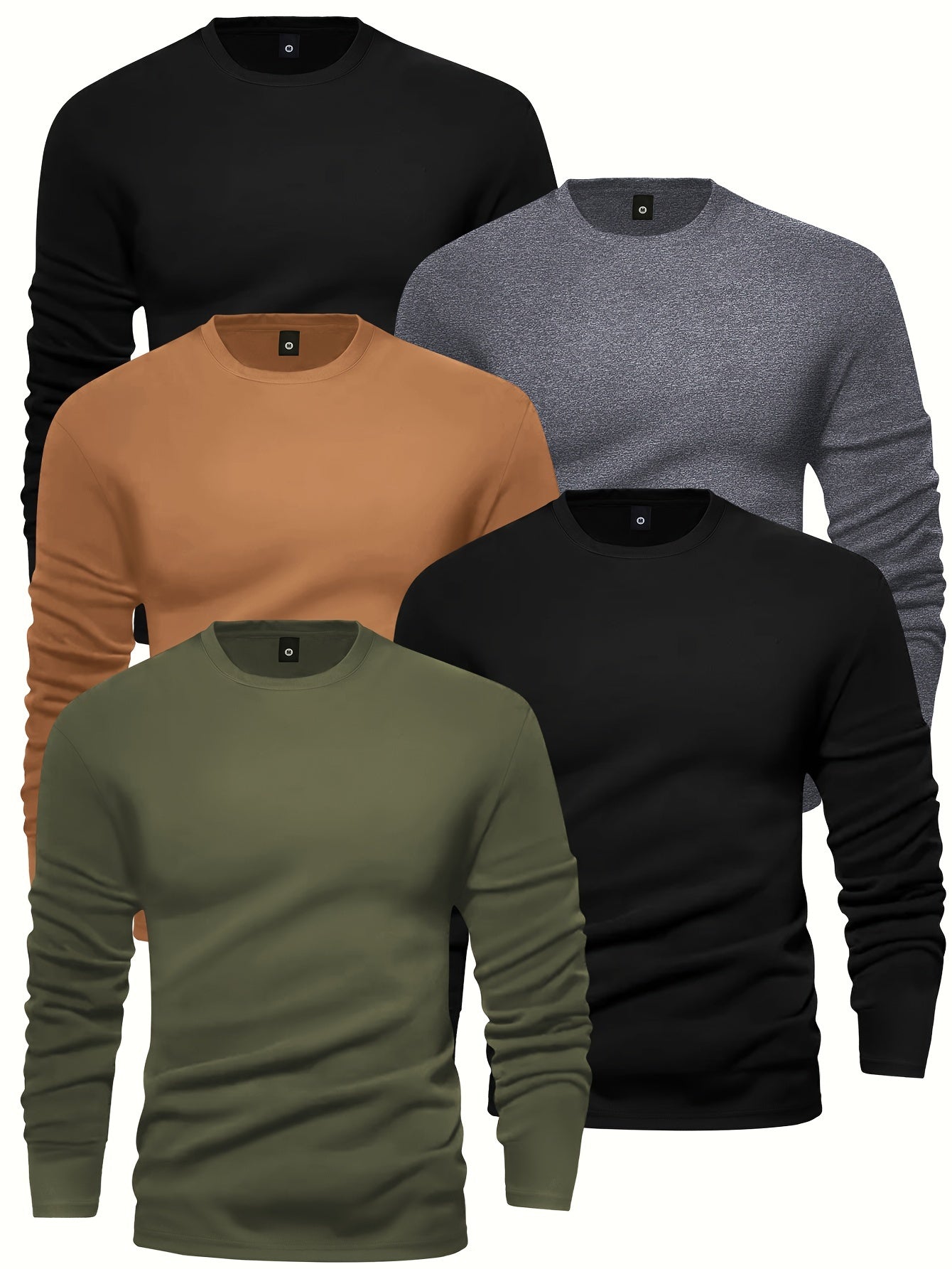 [5pcs Men's T-Shirts] 5pcs Men's Long Sleeve Round Neck T-Shirts - Solid Color Base Layer Layering Shirts, Casual & Athletic Wear, Durable Machine-Washable Tops for Jogging, Gym, Everyday Use - Bulk Pack Value (5)