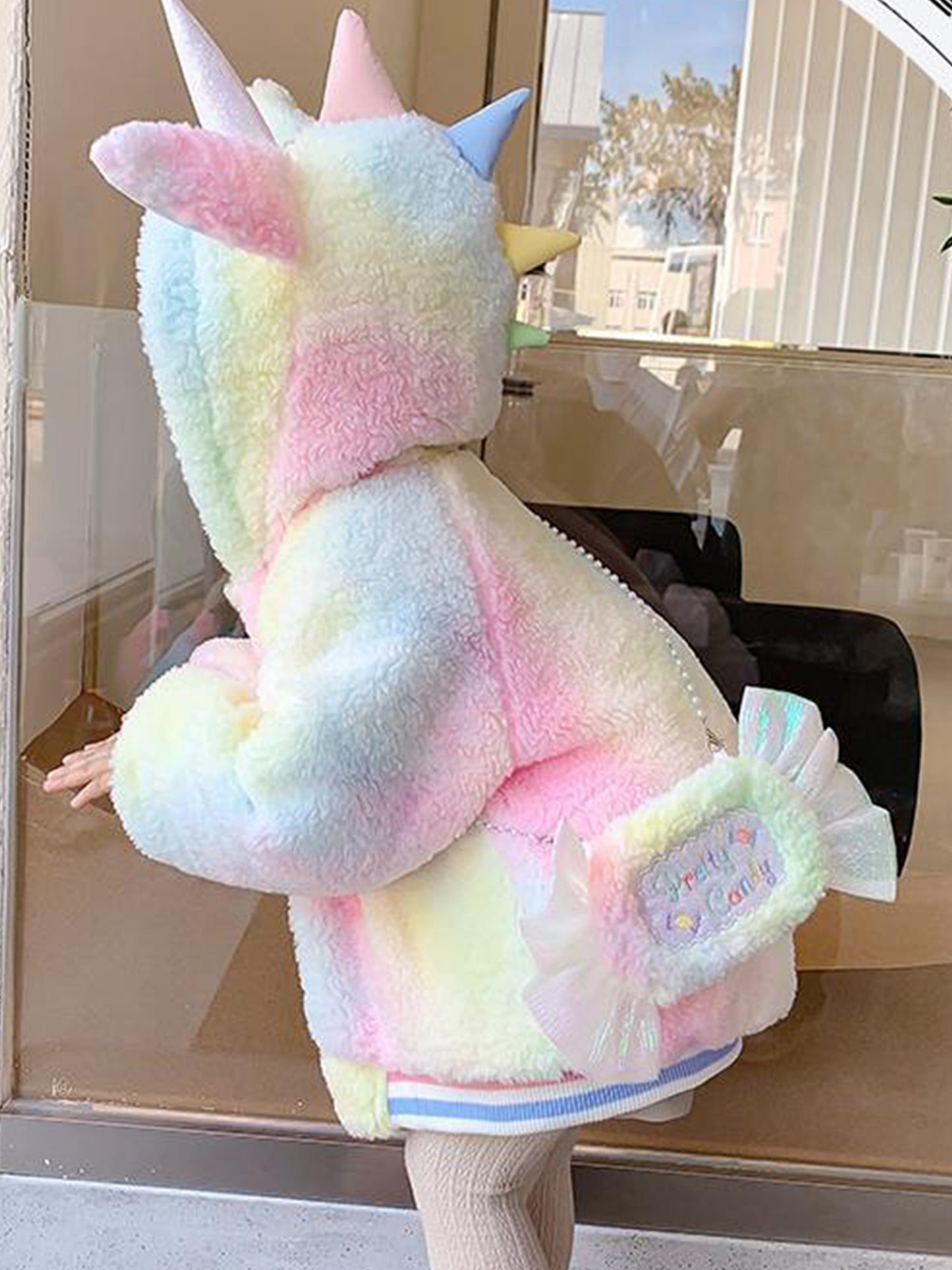 2pcs Girls' Fleece-Lined Thickened Winter Coat & Cartoon Bag Set - Color Block Hooded Jacket with Plush Lining, Zipper Closure, Soft Pastel Pink &, Cozy Casual Outerwear for Fall/Winter, Cute Everyday Outfit for School & Play