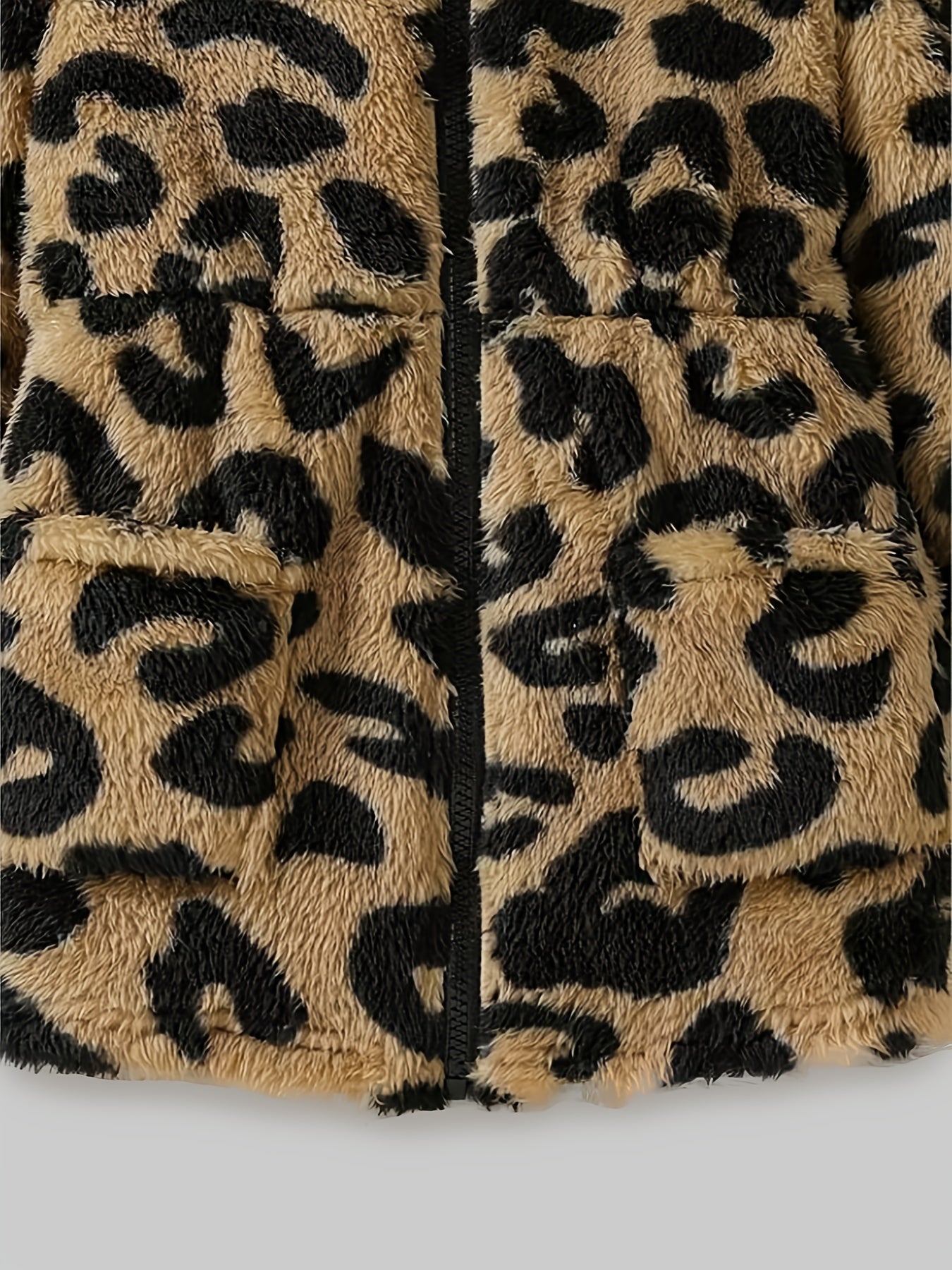 Girls' Winter Leopard Print Hooded Jacket with Pockets - Cozy Faux-Fur Trim Long Sleeve Coat, Black & Brown Spots, Machine Washable Casual Outerwear for Everyday, Parties & Travel - Stylish & Warm Fall/Winter Outer Layer, Com
