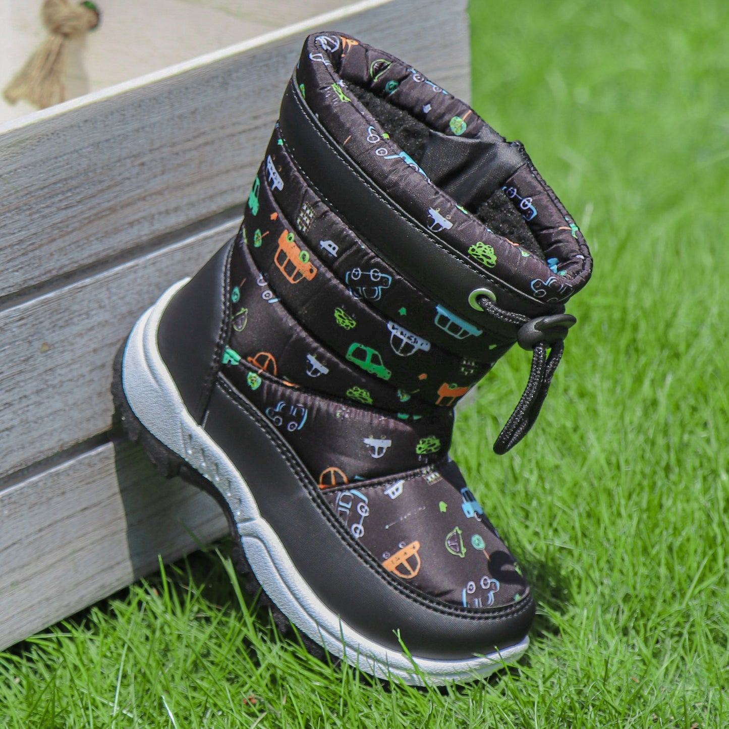 DACLAY Girls' & Boys' Snow Boots - High-Top Winter Warm Jacket-Like, Slip-On/Ratchet Closure, Rubber Sole Traction, All-Terrain Vehicle (ATV) & Car-Themed Snow Booties for, Cold Weather Outdoor Shoes
