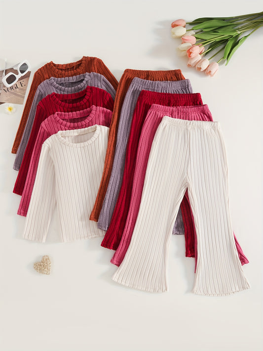 [Girls' Casual Sportswear Set] 10pcs Girls' Casual Sportswear Set with Solid Ribbed Long Sleeve Shirts and Flared Pants, Suitable for Daily Wear, Outdoor Activities, and Dance, Perfect for Outdoor