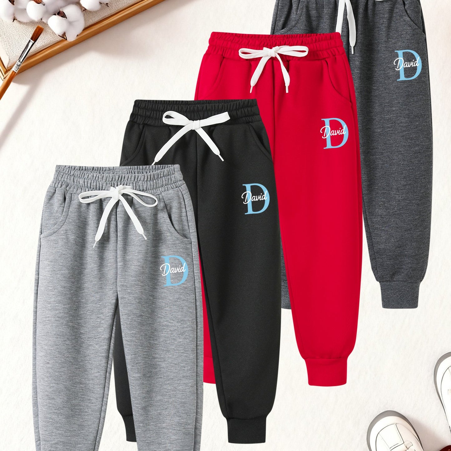 4pcs Boys' Long Pants Set with Elastic Waist & Adjustable Drawstring - Soft Breathable Athletic Pants with Pockets, Multi-Color (Grey/Red/) for Active Play & Casual Attire - Winter Warmth, Easy On/Off, Durable 'rousers for Sc
