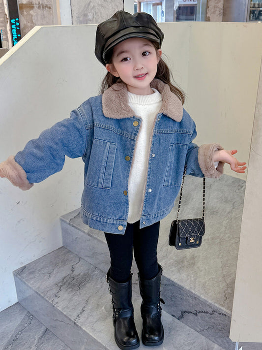 Girls' Plush Winter Denim Jacket with Collar & Plush - Short Cut for Easy Movement, White Shirt-Like Collar, Machine Washable Coat for Dresses/Pants ( to) - School, Parties, Casual Outfits (Warm Outerwear)