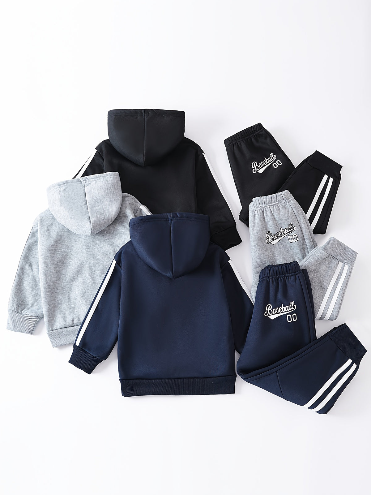 6pcs Boys' 3pcs Thermal Full-Zip Jacket & Jogger Set - Soft Knit Sweatsuit with Full-Zip Front, Elastic Cuffs & Striped Pants - Cozy Winter Outfits for Outdoor Play, School, Sports (Grey/Black/Navy) - Easy-Care Hand Washable