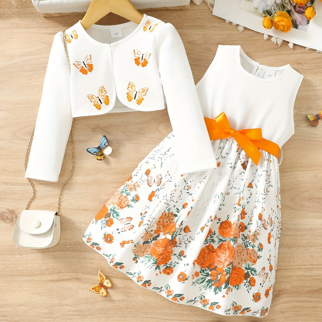 [Cute | Casual] 2pcs Cute Little Girl Butterfly Dresses | Floral Tank Dress And Graphic Cardigan Top Set | for Casual Look, Kids Clothing Gift