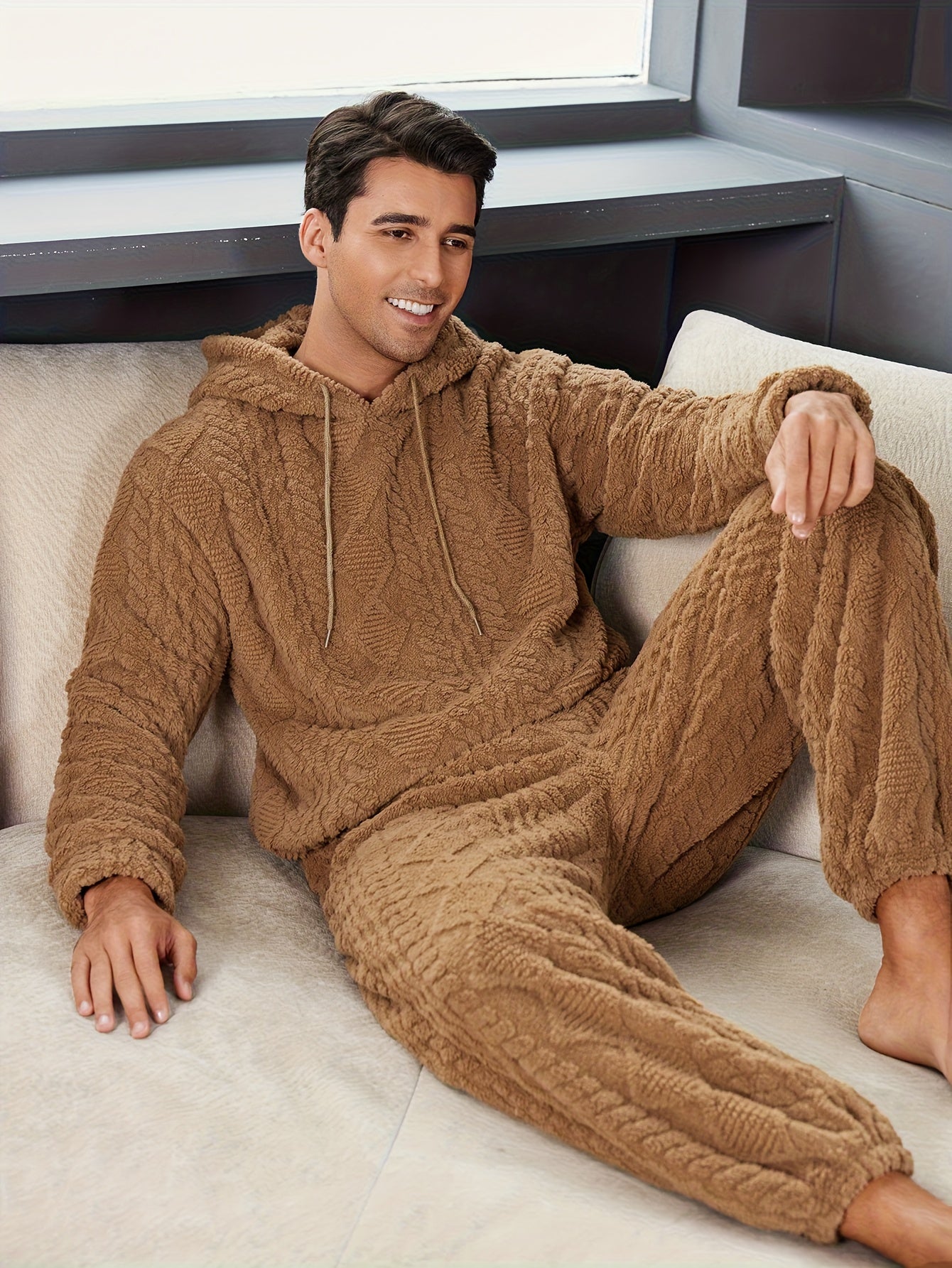 Solid Color • Plush Jacquard • Hooded • Men's Loungewear Set