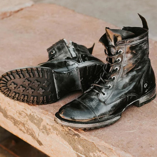 Men's -like Texture Chunky Heel Lace-Up Ankle Boots - Glossy Brown/Tan/Black/Grey/Gray - PU/Rubber Sole, Round Toe, Lace-Up Closure, All-Season Boots for Weddings, Parties, Business & Semi-Formal Events - Retro Style with Lac