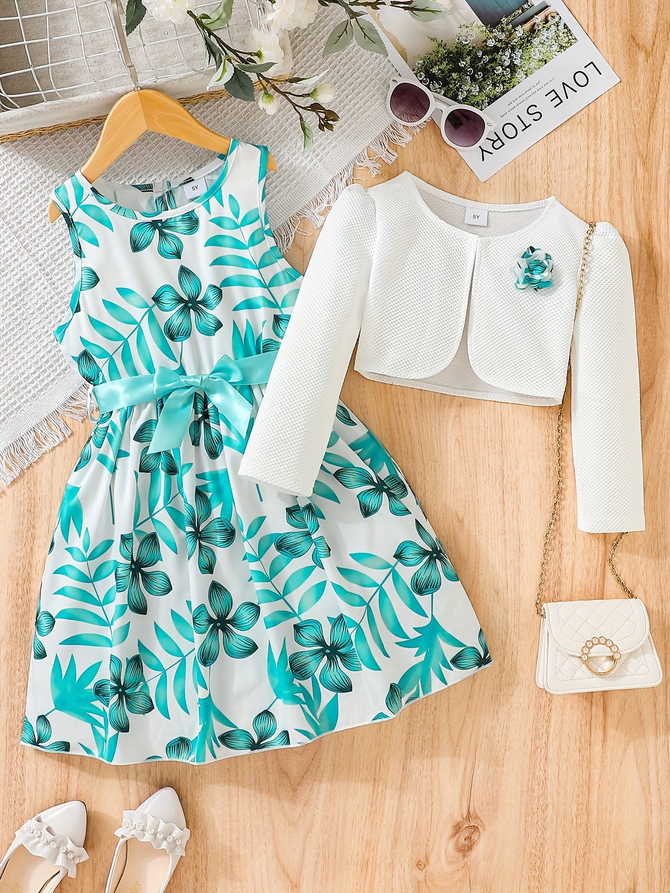[Cute | Casual] 2pcs Cute Little Girl Butterfly Dresses | Floral Tank Dress And Graphic Cardigan Top Set | for Casual Look, Kids Clothing Gift