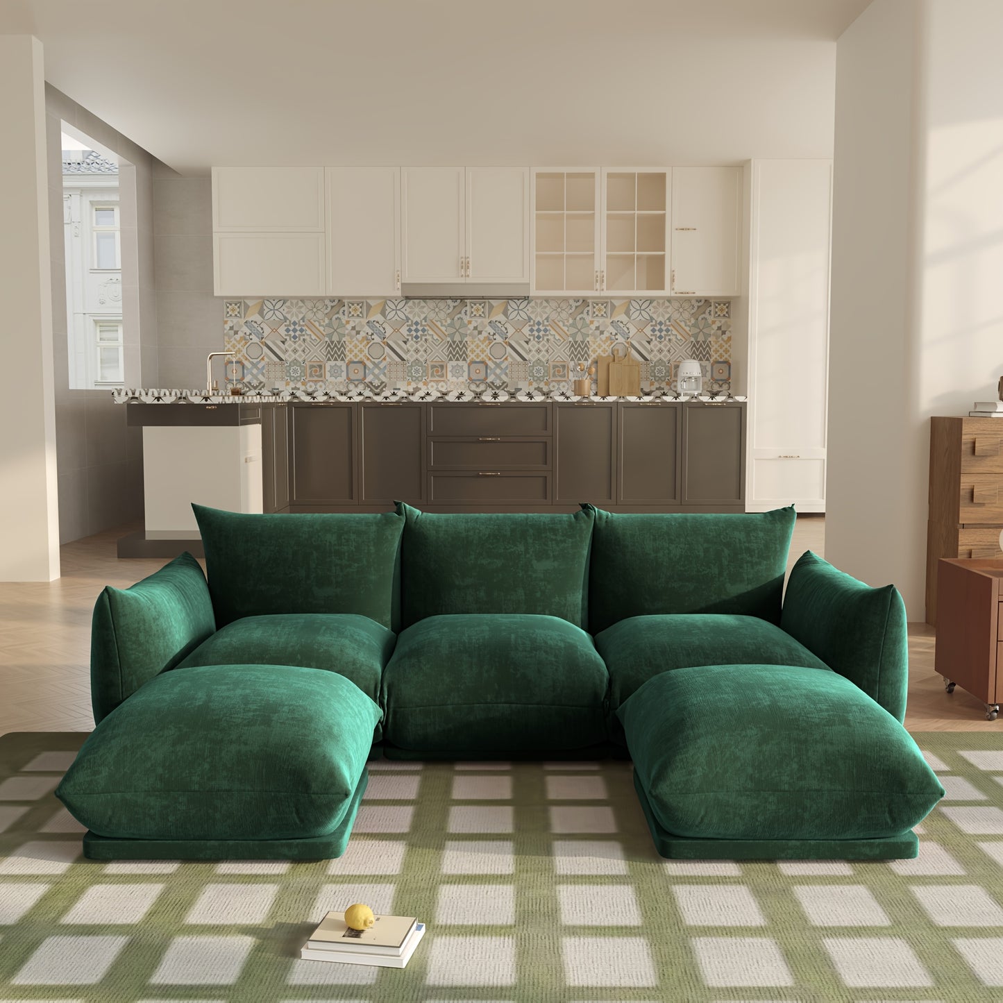 [5-Seater Modular Chenille Sofa] Modular Chenille Minimalist U-Shaped 5-Seater Sectional Sofa with Wide Reversible Chaise Ottoman for Living Room, Bedroom, Office, Apartment