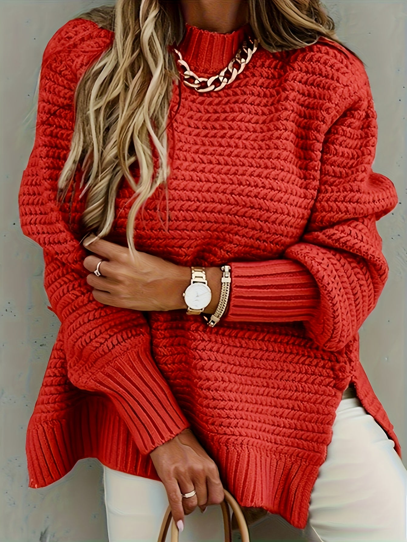 Solid Split Side Crew Neck Sweater, Casual Long Sleeve Sweater for Fall & Winter, Women's Clothing.womens Clothes, Womens Clothing, Clothes, Women Tops for Women Hot Outfits Ropa De Mujer