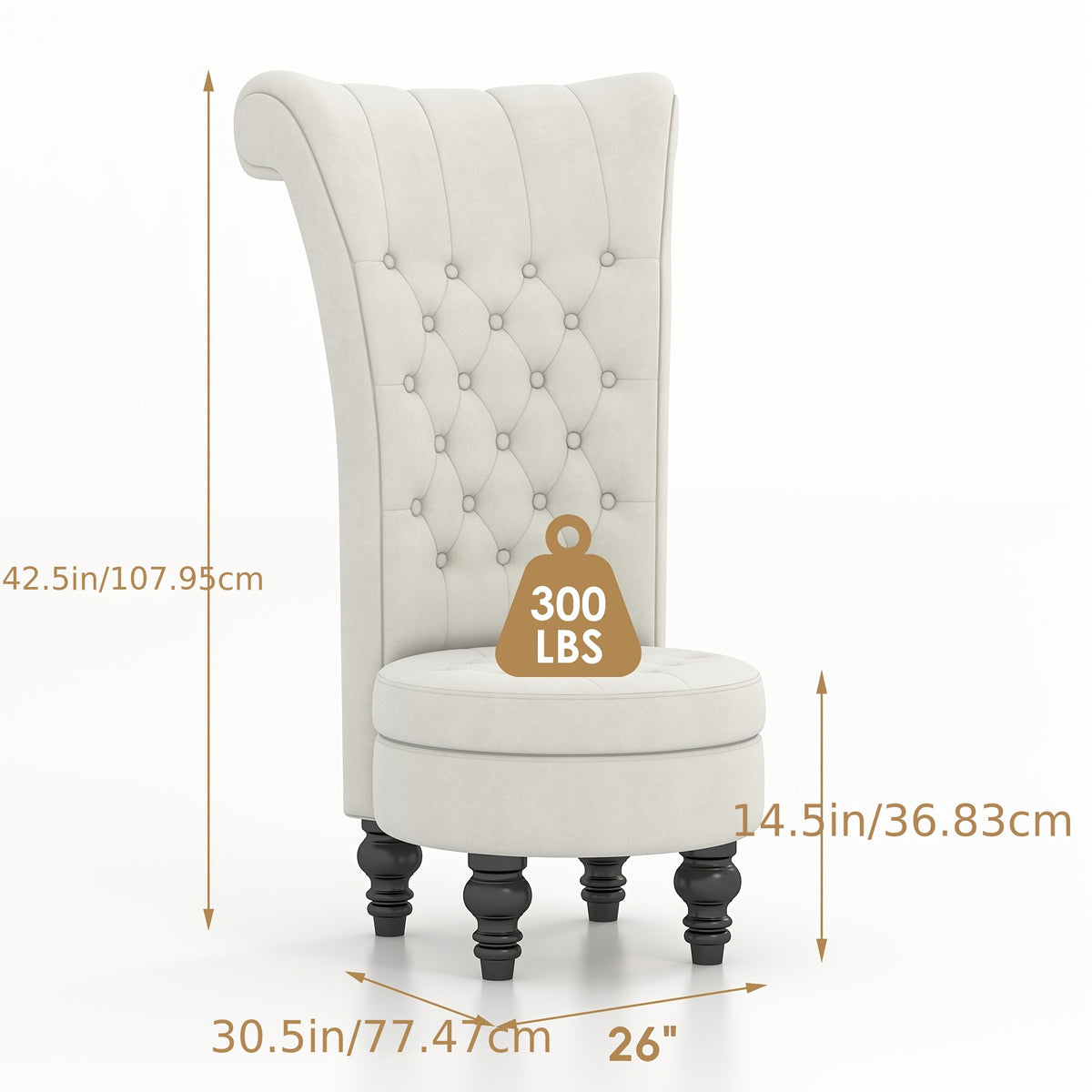 Velvet Royal High-Back Chair - Button-Tufted Armless Throne with, Luxury Elegant for carpeted, Bedroom, Dressing Area - Sofa for Reading Nook, Rubberwood Legs (No Assembly Required)