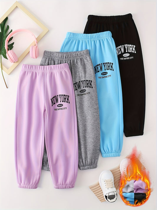 4pcs Set Girls' Fall/Winter New Arrival Solid Color Letter Print Pants Versatile Casual Sports Trousers for Girls Ages 4-14 Cute And Pretty Holiday Gift Clothing, Perfect for Outdoor