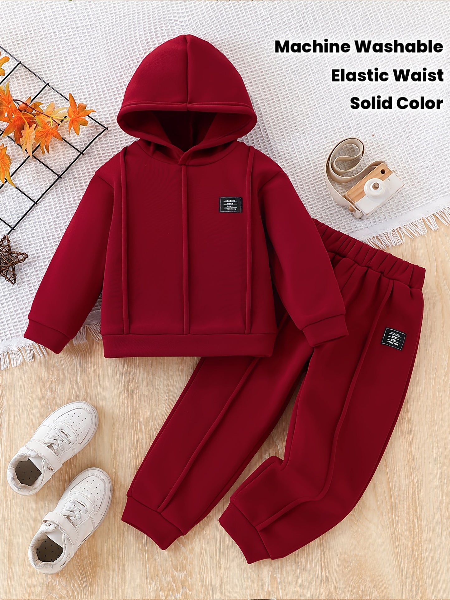 2pcs Girls' Fleece Hooded Sweatsuit Set - Oversized Hoodie & Jogger Pants with Elastic Waist, Thick Warm Winter Outfit, Machine Washable Red Sweatsuit for Casual Casual Attire & Clothing (Matching Outfit) - Cozy Fleece Fabric