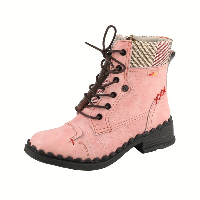 TMA ETES Women'S Elegant Height-Increasing Chunky Heel Ankle Boots with Anti-Slip TPR Sole, Side Zipper Closure, Round Toe & Plaid Design - All-Season Genuine Cover-like Synthetic Upper, Low Block Heel, Round Toe & Arch Suppo
