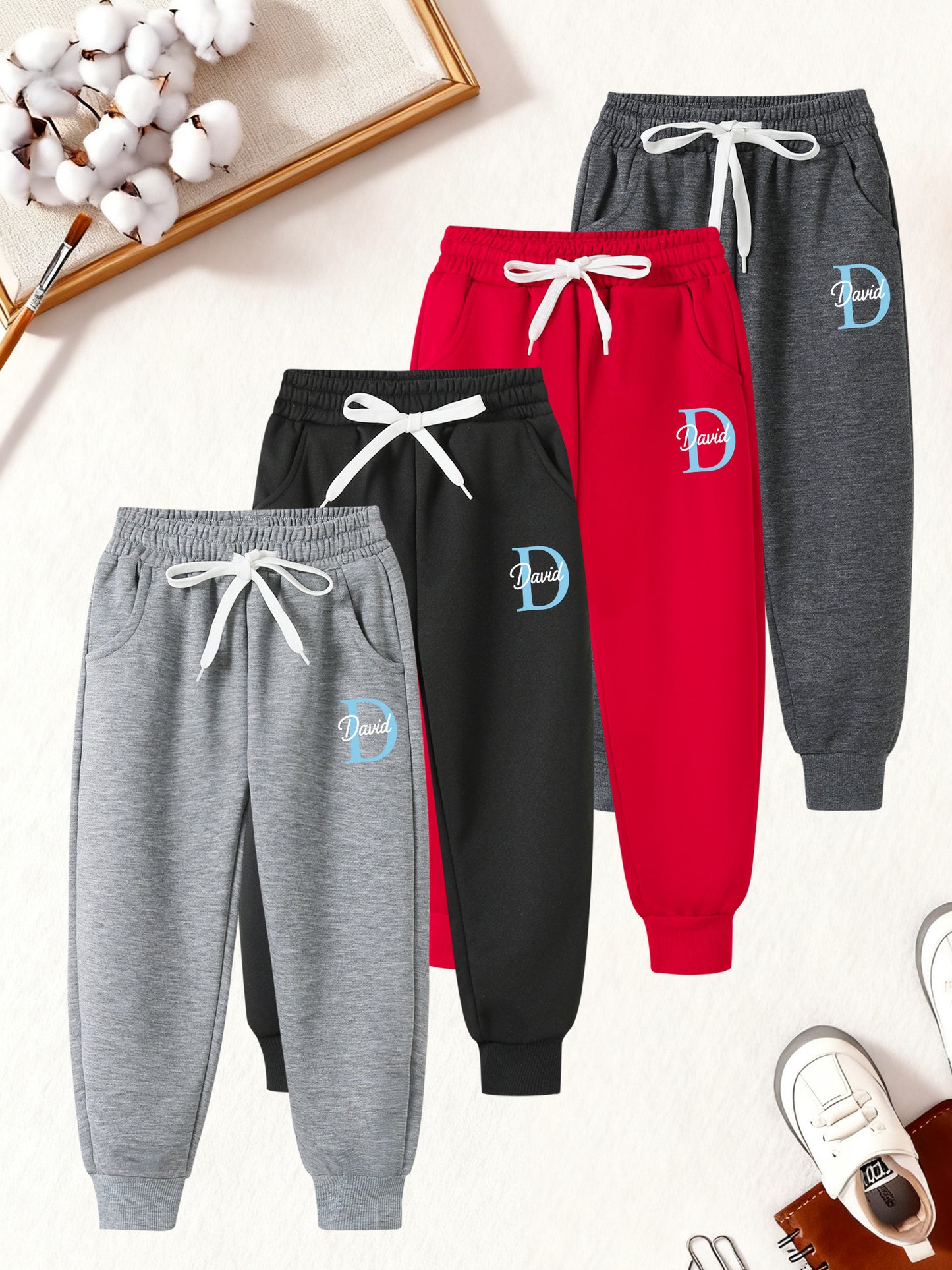 4pcs Boys' Long Pants Set with Elastic Waist & Adjustable Drawstring - Soft Breathable Athletic Pants with Pockets, Multi-Color (Grey/Red/) for Active Play & Casual Attire - Winter Warmth, Easy On/Off, Durable 'rousers for Sc