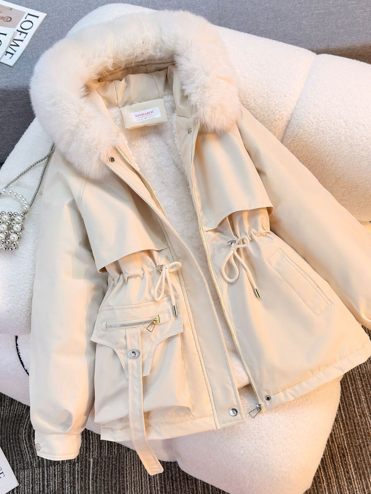 Women's Cold-Weather Fleece-Lined Fur Collar Parka Coat - One-Piece Winter Jacket with Pockets, Solid Color Casual Outerwear (No /Hoop Ears/Short Sleeves) for Extreme