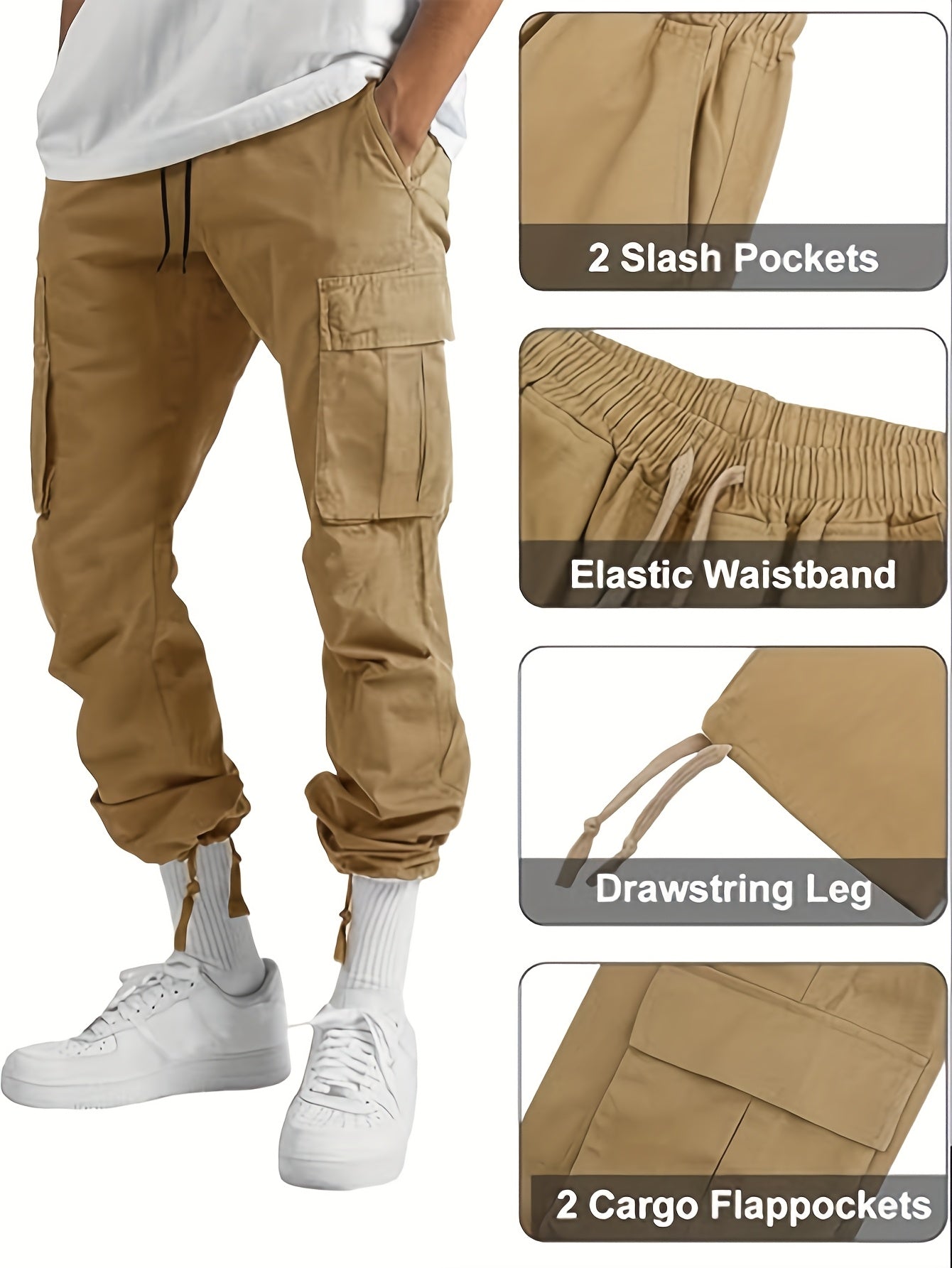 4pcs Of Men's Solid Pure Cotton Loose Fitting Long Waistband Multi Pocket Work Pants, Suitable for Outdoor Work In Autumn And Winter, Halloween Gift