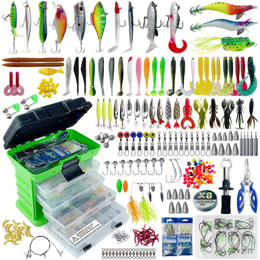 346pcs Fishing Lure Set Complete with Tackle Box, Featuring Minnows, Crankbaits, Spinnerbaits, Bait Rigs, Spoons, Soft Lures, Jigs, Hooks, Weights, Sinkers, And Topwater Lures Suitable for Both Freshwater And Saltwater, Perfe