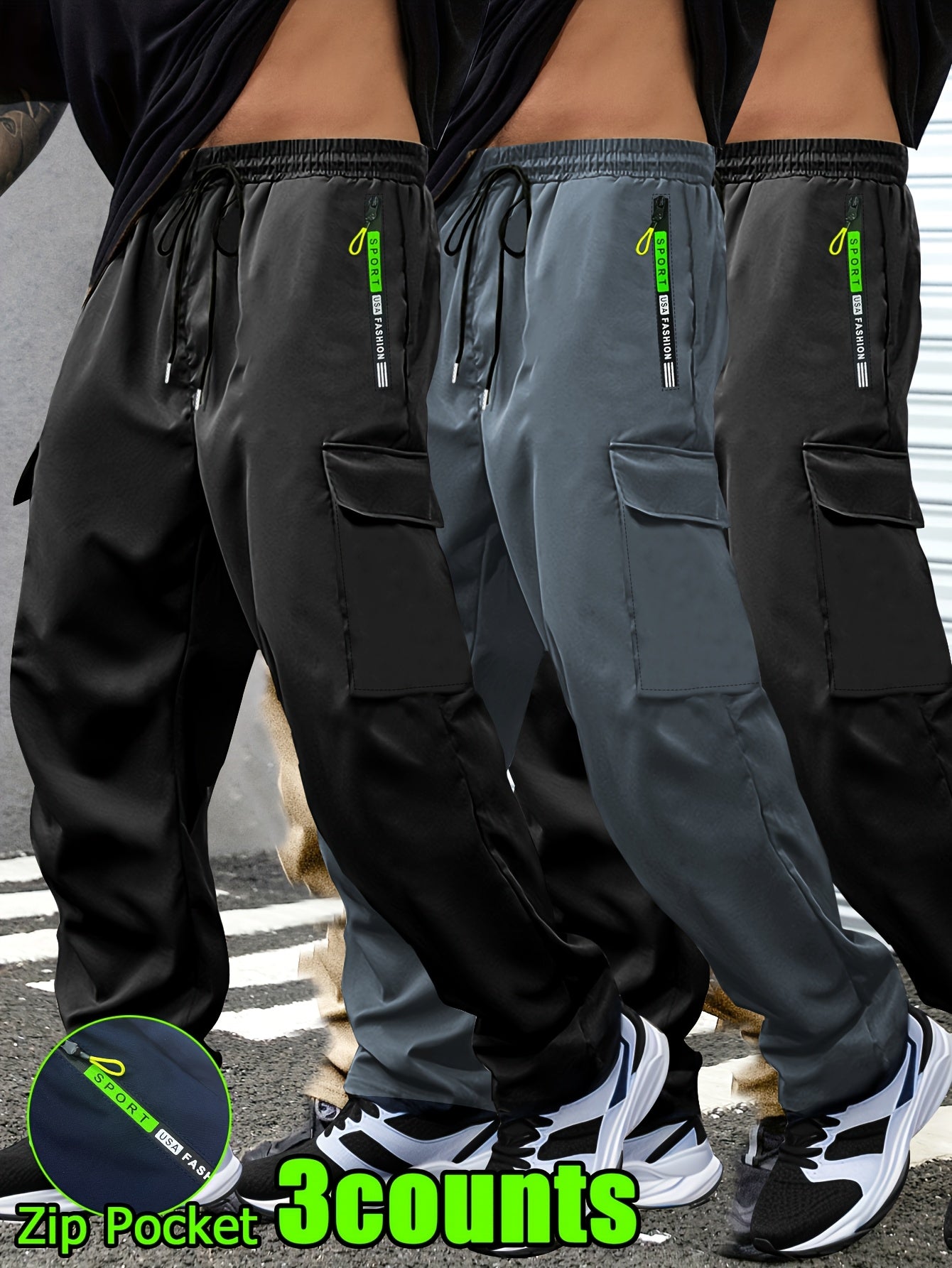3-Pack of Men'S Thin Work Pants with Drawstring Elastic Waistband, Zipper Pockets, Large Patch Pockets, Comfortable And Breathable, Suitable for Outdoor Daily Leisure